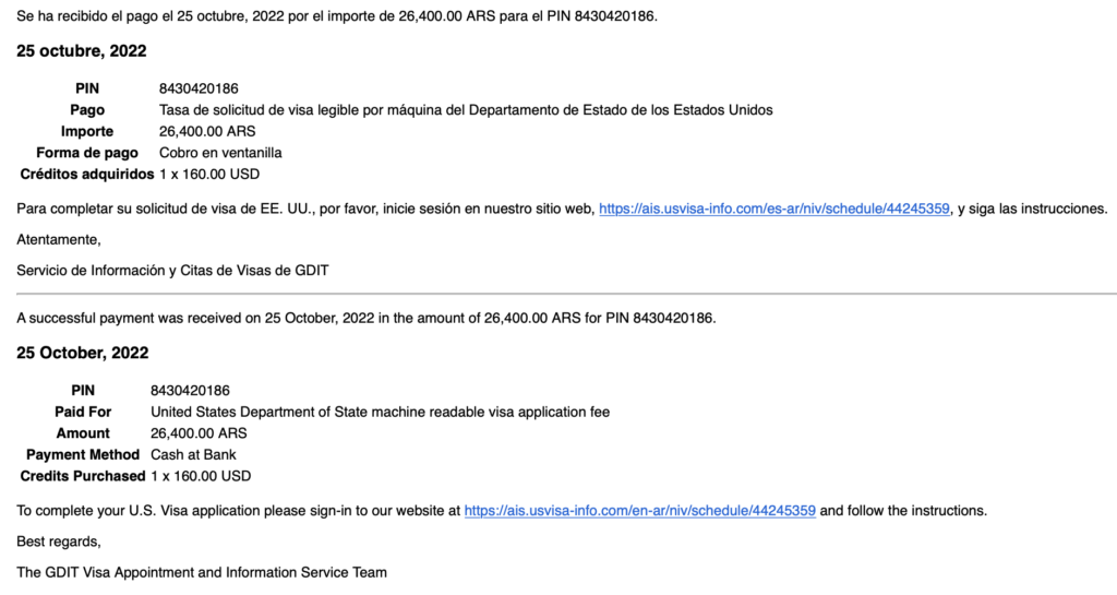 Comprobante electrónico del pago para el Visado de Estados Unidos recibido por mail.